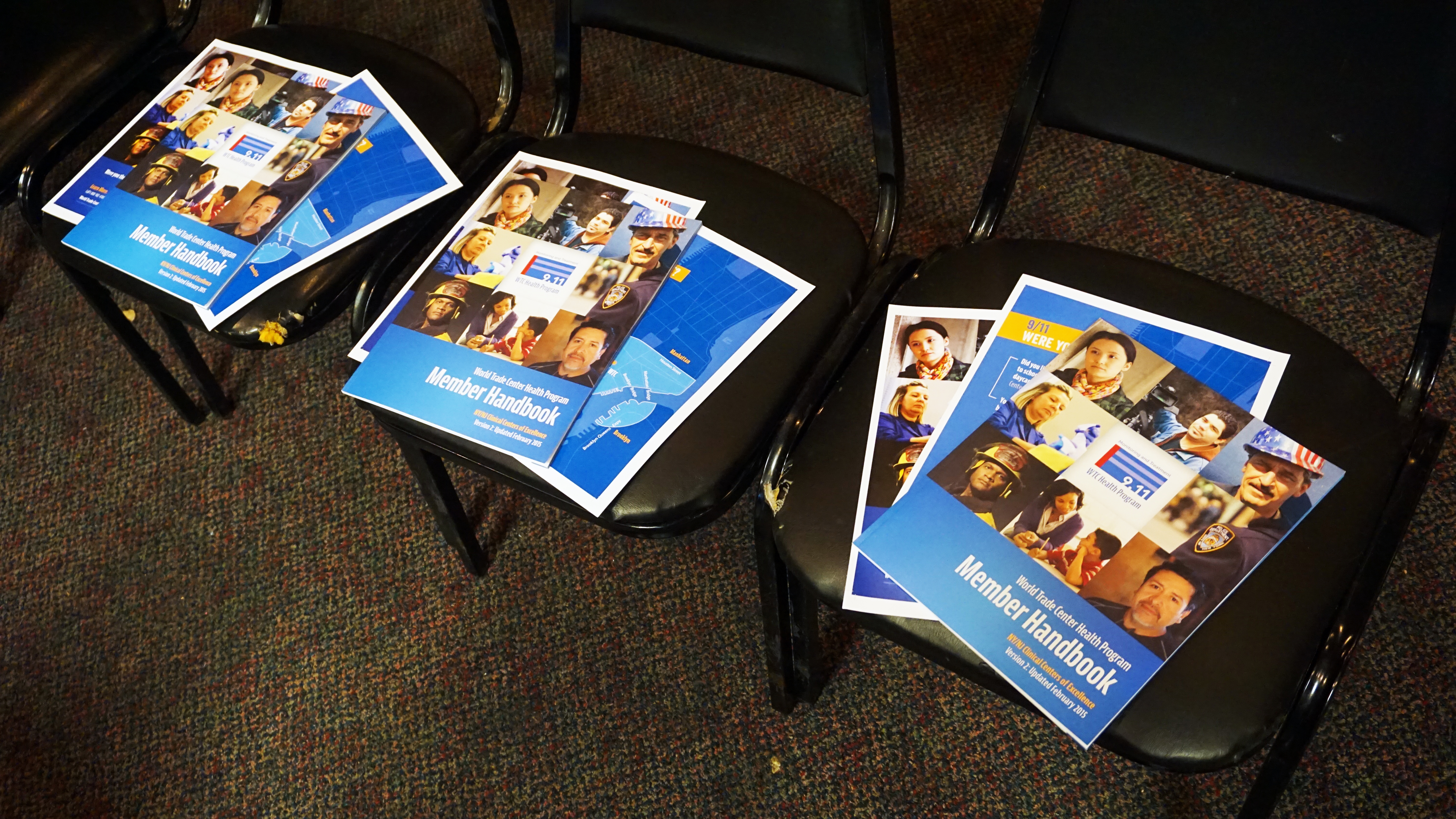 World Trade Center Health Program Member Handbooks are placed on seats for a FealGood Foundation Outreach and Education session to enroll 9/11 responders and survivors into the health program in Philadelphia, Pennsylvania on April 1, 2016. Photo by: Suneet Mahandru